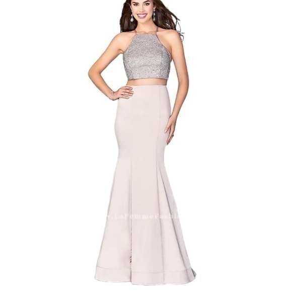 LA FEMME Champagne Two Piece Beaded Satin Open Back Gown - Picture 1 of 15